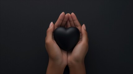 hands holding a simple black heart over a black background