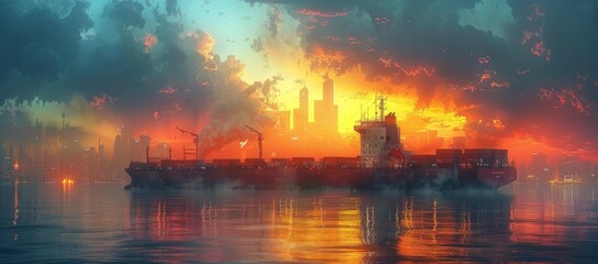 The towering ship rests in the bustling harbor, surrounded by cranes and a cityscape, its imposing presence a stark contrast to the serene waters and polluted skies, a symbol of human progress and it