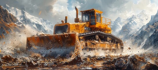 A lone yellow bulldozer plows through the muddy terrain, its powerful engine roaring as it transports materials across the rugged landscape under the watchful sky, surrounded by snow-capped mountains - obrazy, fototapety, plakaty
