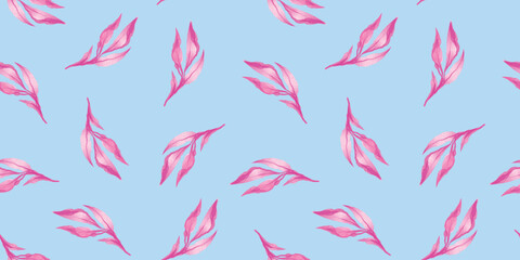Elegant watercolor floral seamless patter on blue background. leaves watercolor ornament