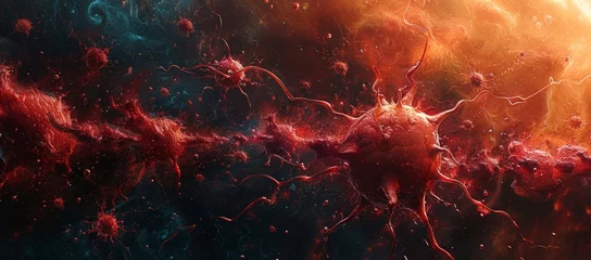 Foto op Canvas A fiery virus spreads through the vastness of the universe, engulfed by the colorful chaos of a nebula © Larisa AI