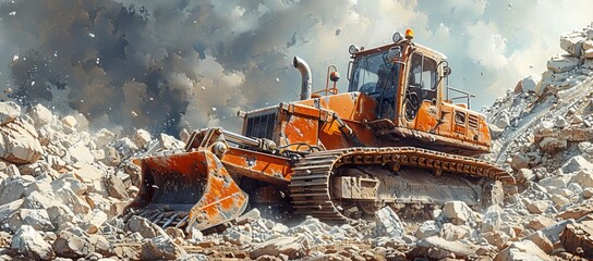 A powerful bulldozer plows through a rocky terrain, its massive construction equipment slicing through the air as it transports materials under the open sky, leaving a trail of snow in its wake