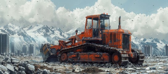 Amidst the tranquil snowy mountains, a powerful bulldozer stands tall, ready to transport materials and shape the land with its robust construction equipment, against the backdrop of a vast sky
