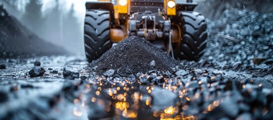 Amidst a winter landscape, the powerful transport vehicle stands tall, its tire gripping the icy ground as the light reflects off its shiny auto parts - obrazy, fototapety, plakaty