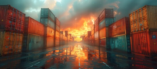 A cloudy sky hovers over a bustling city as cargo containers line the road, hinting at the endless possibilities and opportunities that await - obrazy, fototapety, plakaty