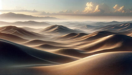 Fototapeta na wymiar Breathtaking landscape of desert sand dunes at sunrise, with soft light casting long shadows and highlighting the textures and contours of the serene dunes.Landscape concept.AI generated.
