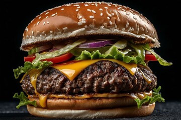 Large Beef Burger on Black Background - obrazy, fototapety, plakaty
