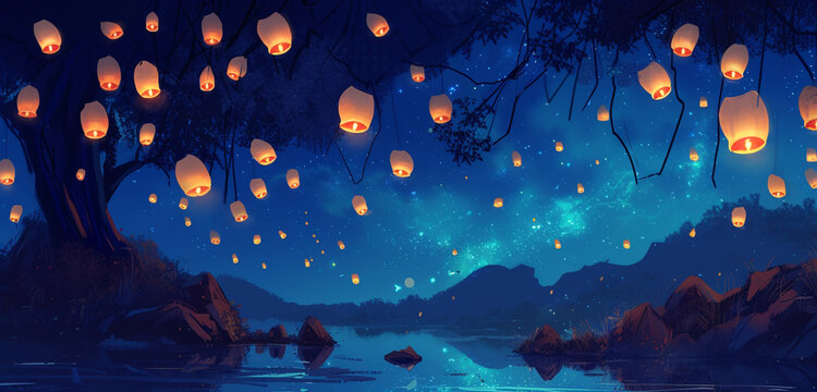 A whimsical depiction of floating lanterns in the night sky, their glow a metaphor for the vibrant life of a festival with background shades from indigo to black