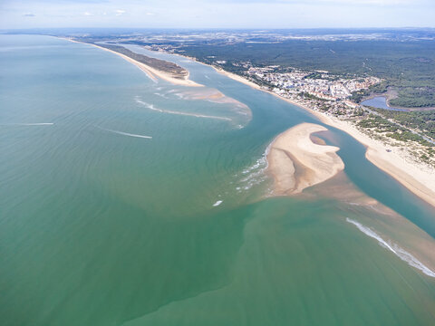 Aerial view of the Rompido Arrow (La Flecha del Rompido), a sand bank formed on the Rompido and Portil beaches that already reaches La Bota beach, in the municipality of Punta Umbria, Huelva province