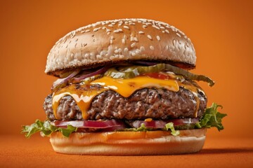 Juicy Beef Burger with Cheddar Cheese on Orange Background