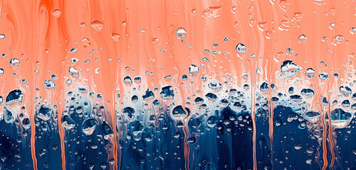 Abstract droplets of dark blue, silver, and white, creating a rain effect on a bright coral background