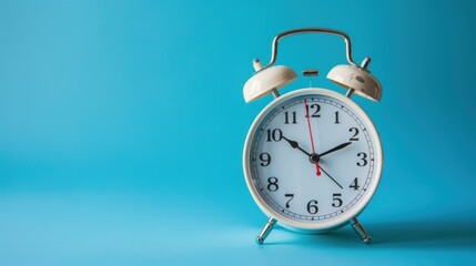 Clock Alarm on Pastel Blue Background. Copy space. generative AI