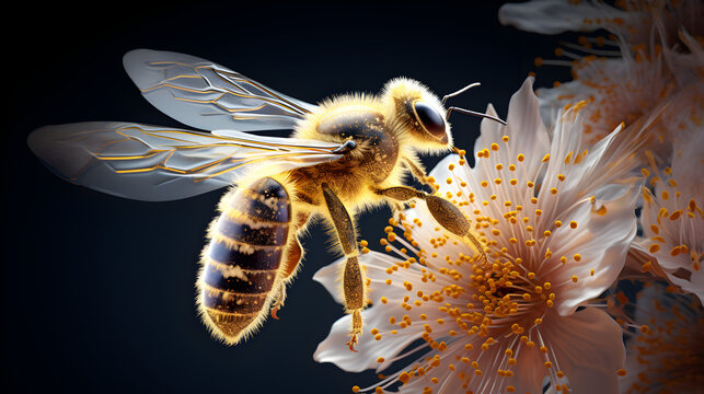A Photo of a hyper detailed shot of a bee in mid flight carrying a load of pollen,,
Bees on a flower with a red flower

