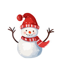 Snowman with a scarf, gloves and hat isolated in a white background in cartoon watercolor style. Flat design. Vector illustration.