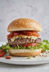 Beef Burger with Tomato, Sauce and Lettuce on White Table