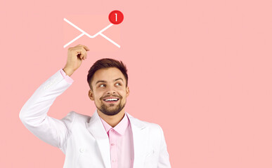 Happy handsome man holding paper envelope gets red new mail notification. Client, customer,...