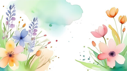 Fototapeta na wymiar Postcard with flowers with free space. Watercolor spring flowers 