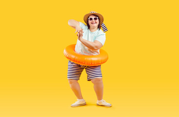Happy funny cheerful plus size woman having fun on summer vacation. Joyful fat girl in T shirt,...