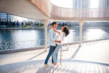 Photo of attractive cheerful happy couple celebrate anniversary soulmates partners meeting in...
