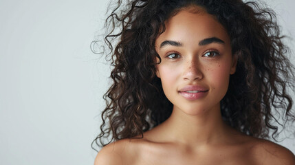 Close up shot of beautiful young mixed race woman model with curly hair