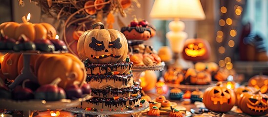 A festive table adorned with an abundance of creatively decorated pumpkins for Halloween treats.