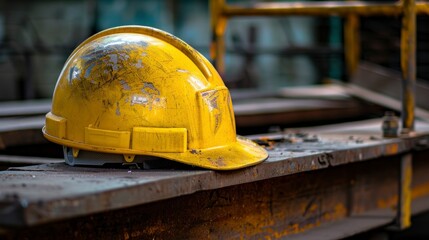 yellow construction helmet on a construction site on a wooden board in a construction in high definition and high quality