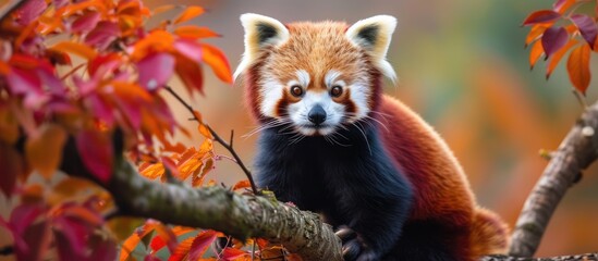 A red panda, scientifically known as Ailurus fulgens, sits on top of a tree branch, showcasing its unique red coat and adorable appearance. - obrazy, fototapety, plakaty