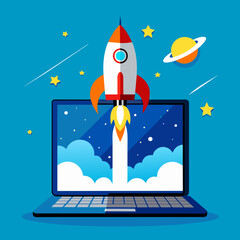 Space rocket launching from a laptop screen, Generative AI.
