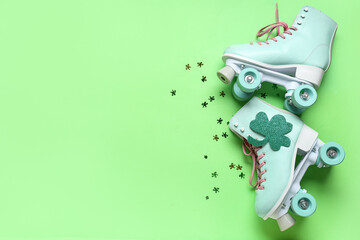 Roller skates with clover on green background. St. Patrick's Day celebration