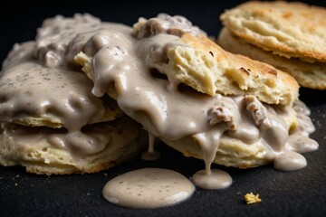 Biscuits with Gravy on Black Background