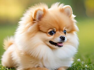 A fluffy Pomeranian dog with a golden-brown coat lying on green grass. Its expressive dark eyes and playful posture create a charming and heartwarming scene, perfect for pet-related content.
