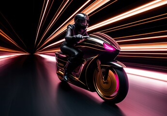 Against the backdrop of a nighttime cityscape, a racing motorcycle blazes down the speedway, amidst the glow of neon lights. - obrazy, fototapety, plakaty