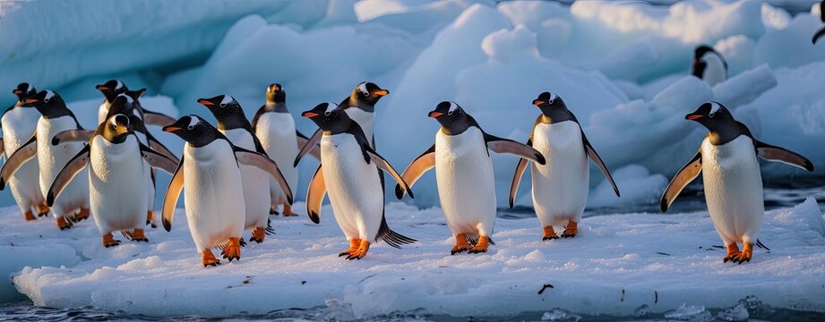 Penguins in Antarctica congregate on icy shores, forming a captivating tableau against the vast, frozen landscape
