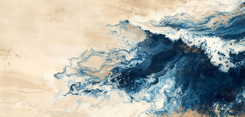 An abstract composition of dark blue, silver, and white, mimicking a bird's eye view of crashing waves, on a sandy beige background