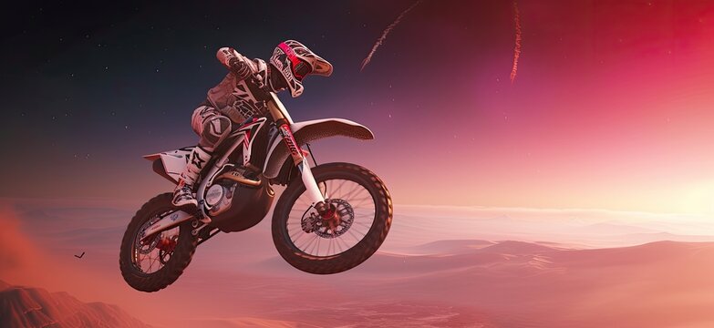 An extreme moto rider fearlessly conquers the rugged mountains, showcasing the thrill of adventure and conquest