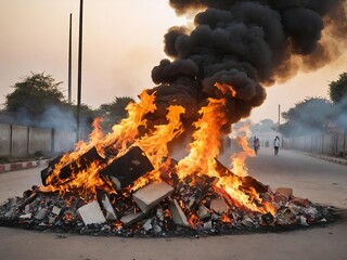 Dramatic scene of a fire burning on a street, with thick black smoke rising into the sky. Scattered debris and objects are engulfed in flames. Generative AI.