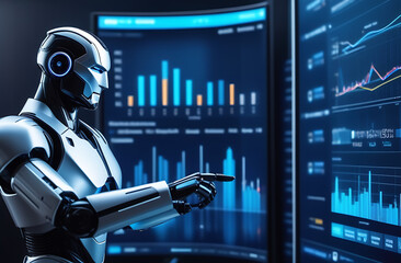 Businessman touch automated data management system to create reports with KPIs and indicators connected to the database. Data analysis with intelligent AI robot technology in business analysis.