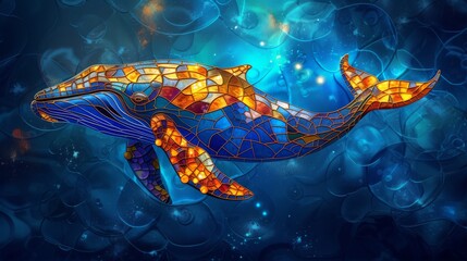 Stained glass window background with colorful Whale abstract