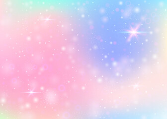 Naklejka na ściany i meble Magic background with rainbow mesh. Colorful universe banner in princess colors. Fantasy gradient backdrop with hologram. Holographic magic background with fairy sparkles, stars and blurs.