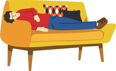 illustration of a man tried and relaxing on couch - obrazy, fototapety, plakaty