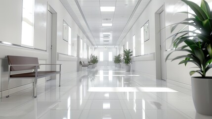 Fototapeta premium A white hospital hallway with an unfocused background in healthcare. It typically features clean, unfocused background. hospital banner
