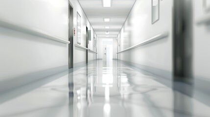 Fototapeta premium A white hospital hallway with an unfocused background in healthcare. It typically features clean, unfocused background. hospital banner