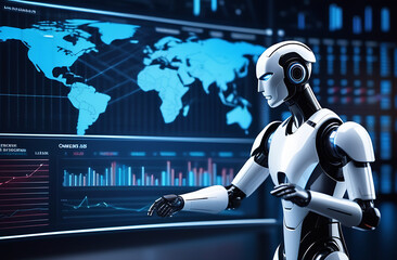 Businessman touch automated data management system to create reports with KPIs and indicators connected to the database. Data analysis with intelligent AI robot technology in business analysis.