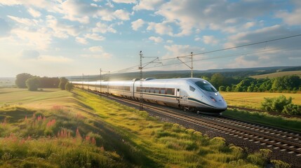 Fototapeta premium A high-speed train travels through a picturesque rural landscape under a bright, partly cloudy sky.