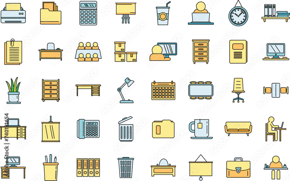Poster work space organization icons set. outline set of work space organization vector icons thin line col