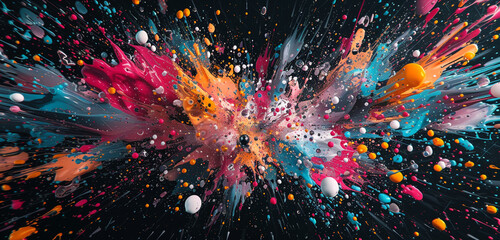 An abstract explosion of paint, with droplets and splashes creating a chaotic yet beautiful pattern in amoled colors against a black canvas, rendered in 3D, 8K