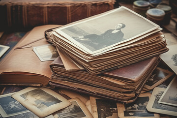 Vintage sepia style photos. Photo from family album. Archive snapshot. Old portrait capturing people from the past - obrazy, fototapety, plakaty