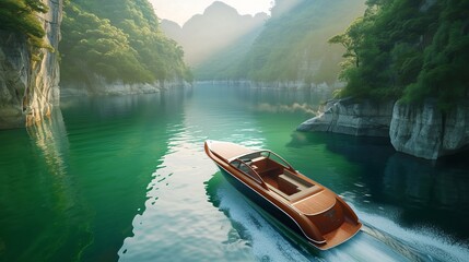 Fototapeta premium A sleek wooden boat cruises through a serene, emerald green river flanked by lush cliffs and foliage.