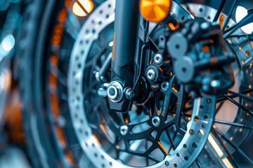 Part of the motorcycle braking system. Grey metal brake disc on motorbike, close up.