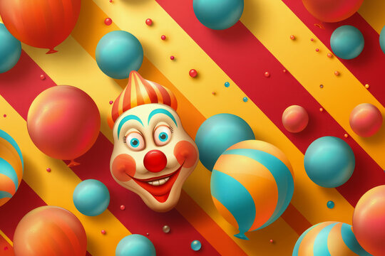 Funny clown on bright background with festive balloons. Banner for April Fools Day